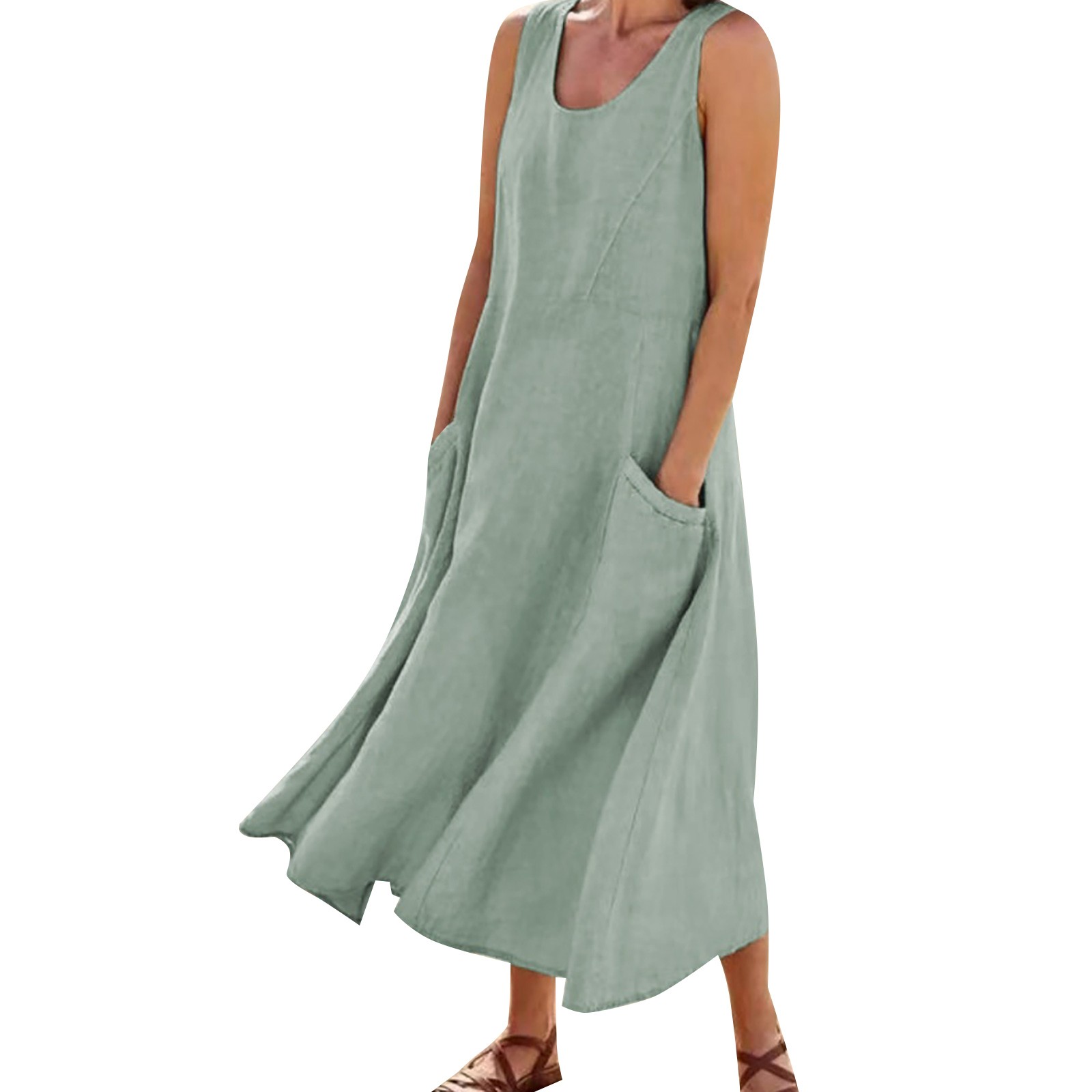 thumbnail image 4 of Vestido largo liso con cuello redondo y bolsillos para mujer: corte holgado informal, transpirable, adecuado para la playa, fiestas y el día a día, tallas S-XXL., 4 of 6